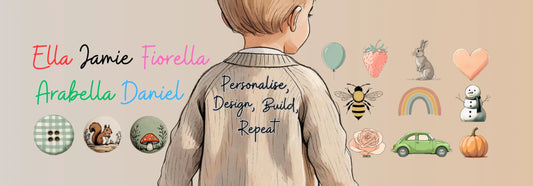 Child wearing a custom kids cardigan UK with personalised design surrounded by cute illustrated icons