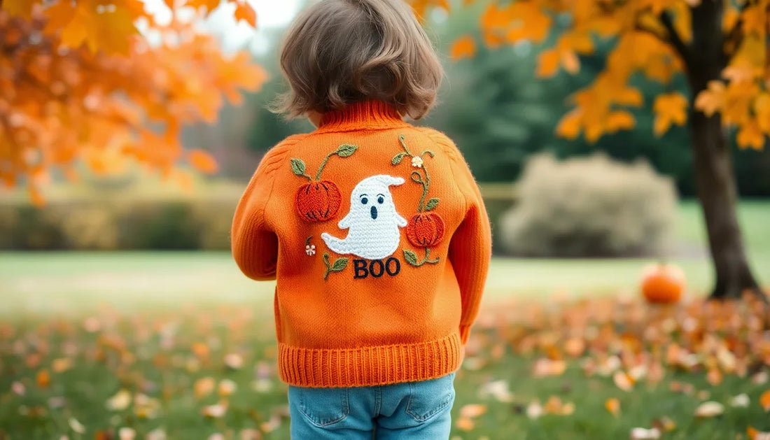 Toddler wearing orange Halloween jumper with ghost and pumpkin designs showcasing children’s autumn knitwear trends 2025