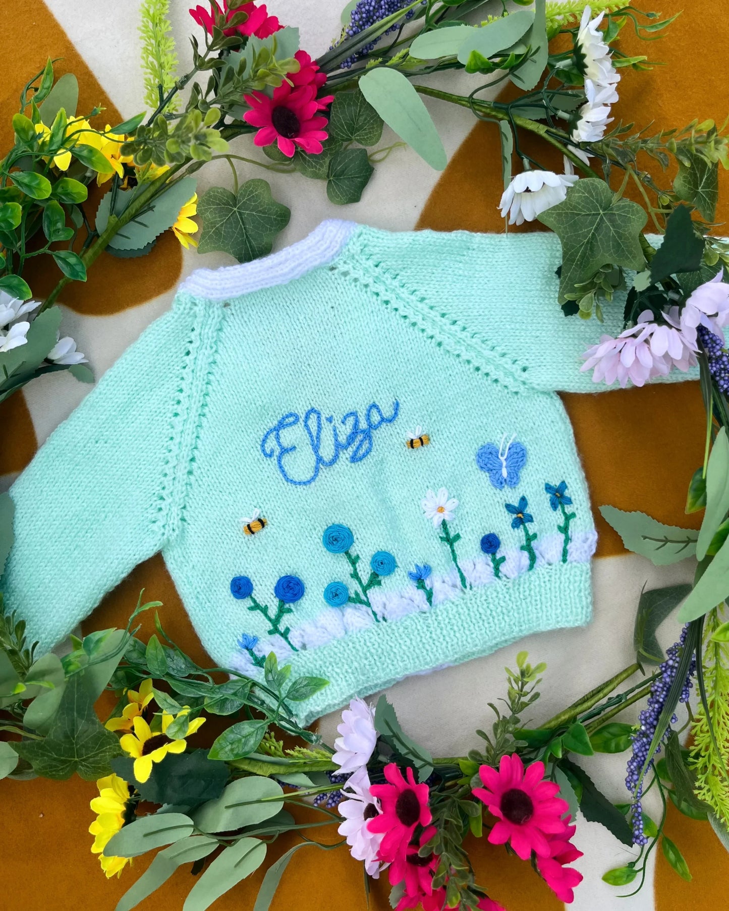 Personalisable flower garden cardigan 🌺 | Hand-knitted | 0-5
