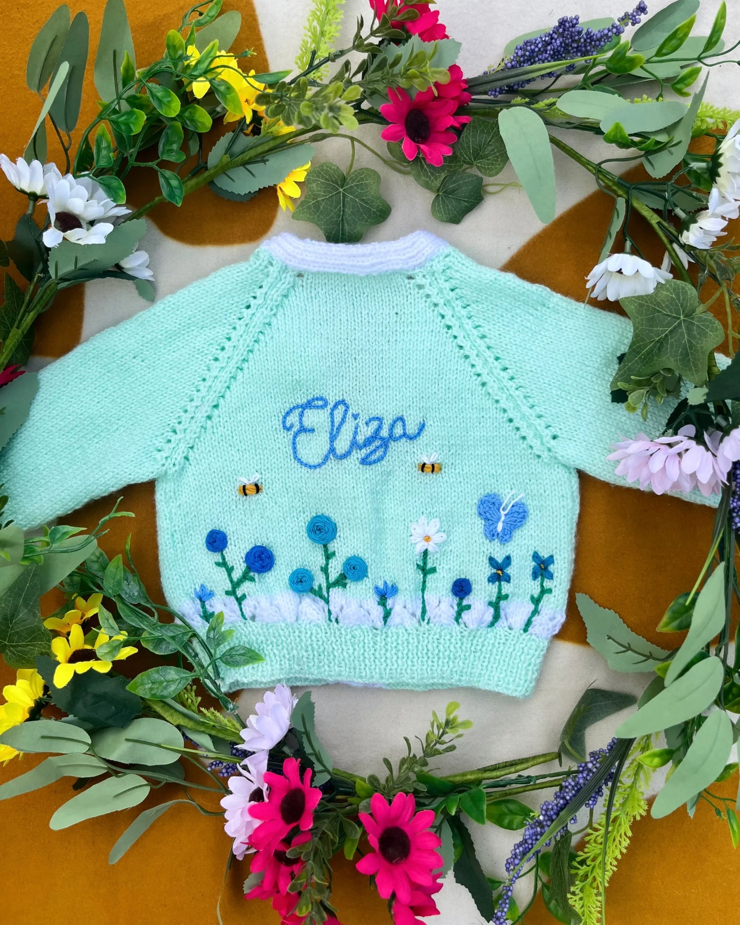 Personalisable flower garden cardigan 🌺 | Hand-knitted | 0-5