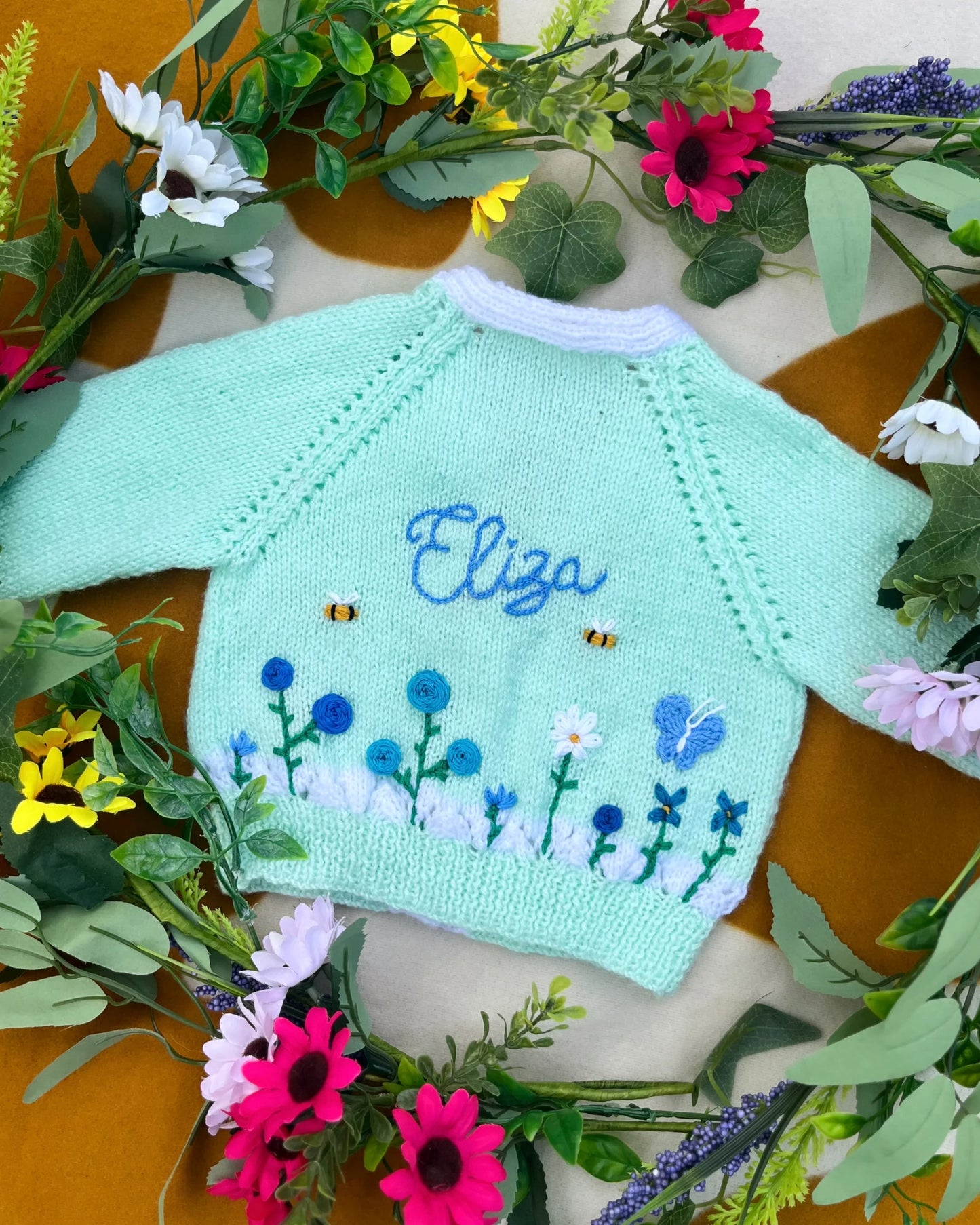 Personalisable flower garden cardigan 🌺 | Hand-knitted | 0-5