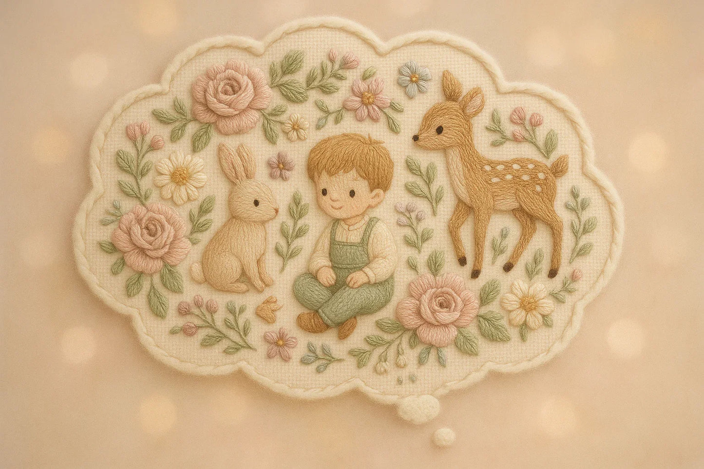 Custom request for bespoke knitwear. It shows a thought bubble containing embroidered floral, animal and boy designs in a speech bubble with a soft background