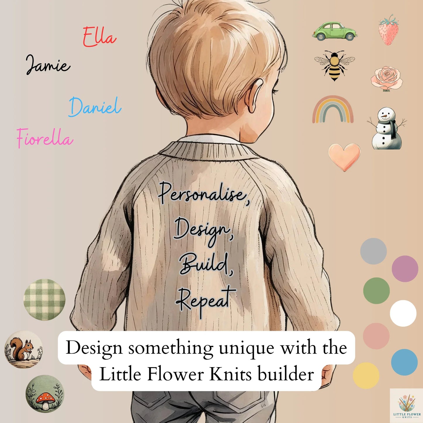 Child wearing beige knitted cardigan with text Personalise Design Build Repeat and the keyword Design a unique cardigan on our Knit Builder