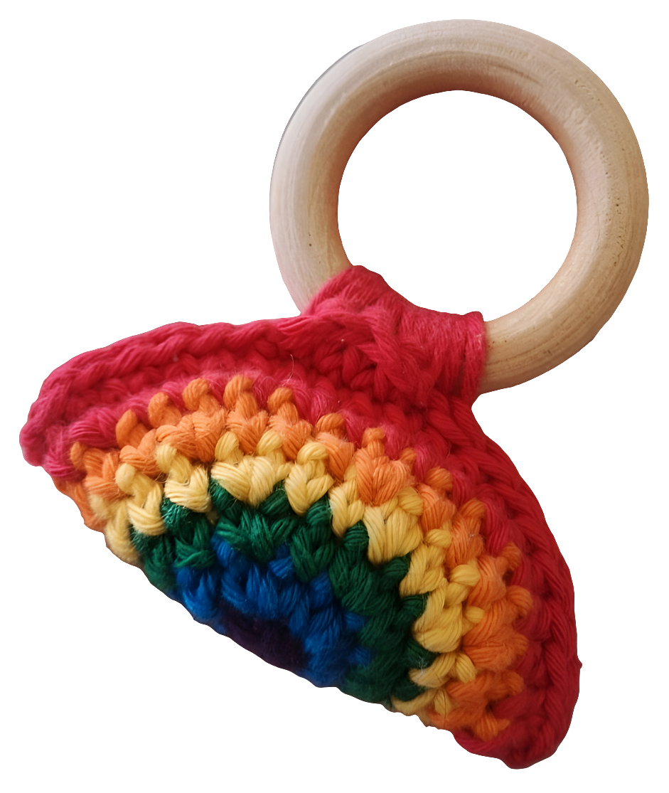 Little Flower Knits crochet baby teether wooden ring with rainbow crocheted grip for infants