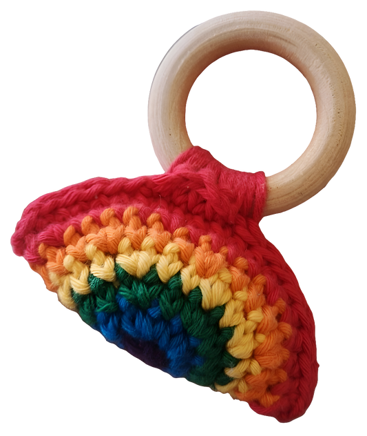 Little Flower Knits crochet baby teether wooden ring with rainbow crocheted grip for infants