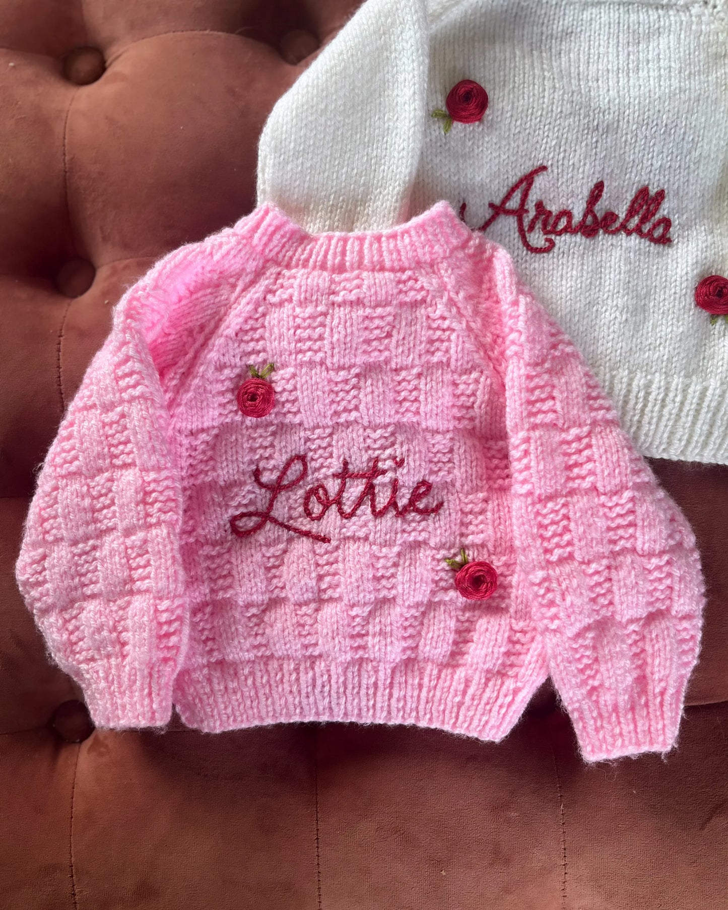 Personalised rose baby cardigan in pink knitted with floral embroidery and name customization