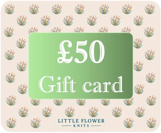£50 personalised kids knitwear gift card from Little Flower Knits with floral pattern background