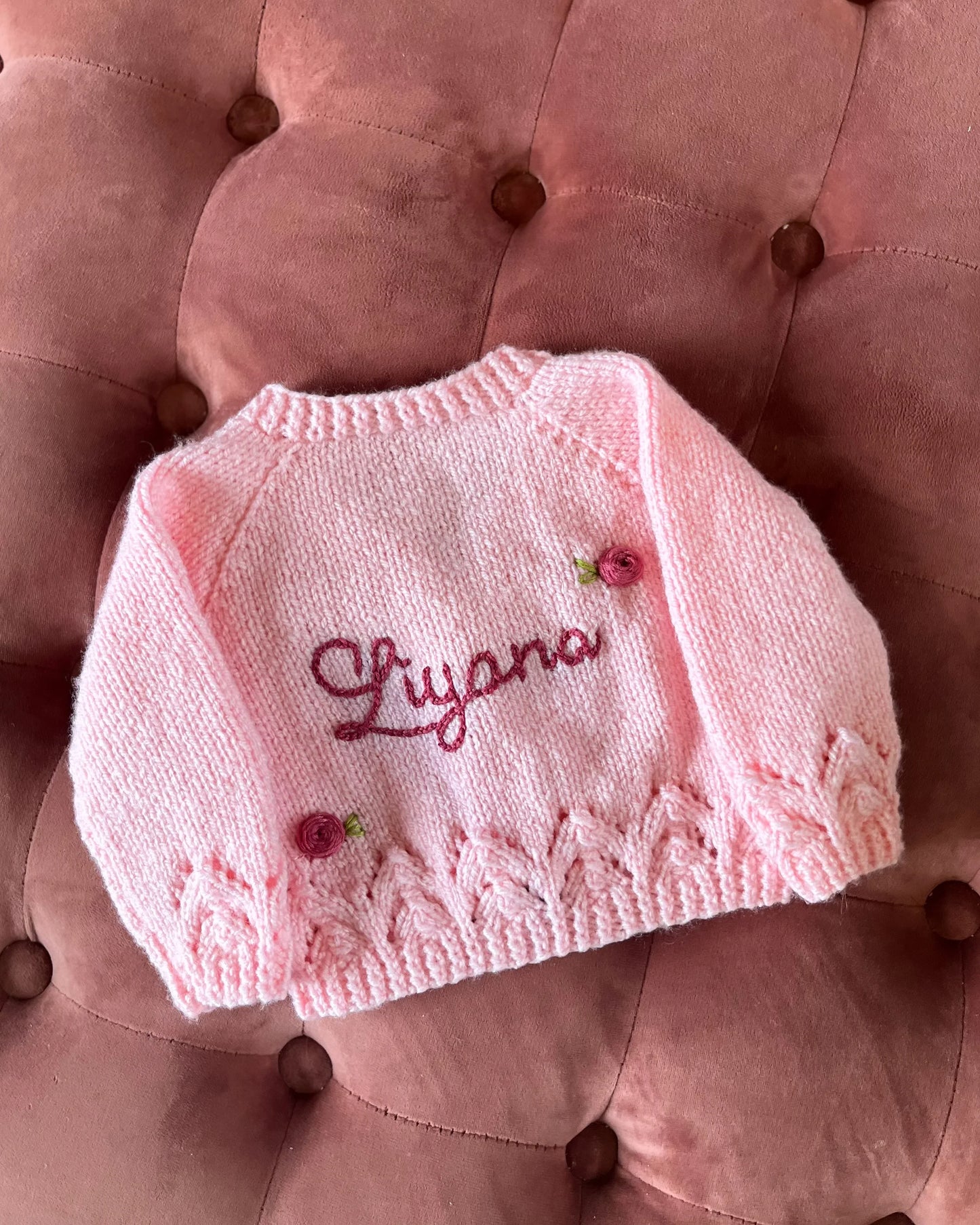 Little Flower Knits soft pink personalised baby cardigan UK with floral embroidery and name detail