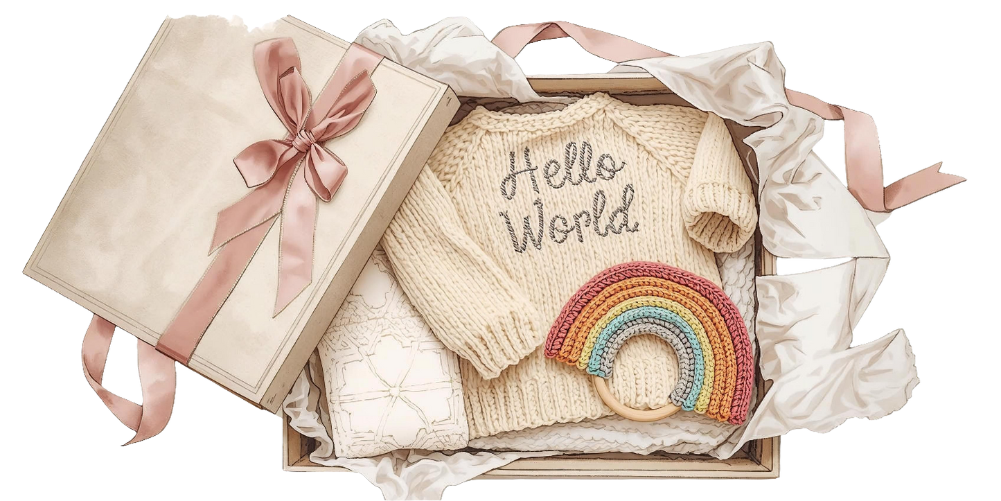 Personalised baby gift box UK featuring a knitted sweater, rainbow teether, and cosy blanket