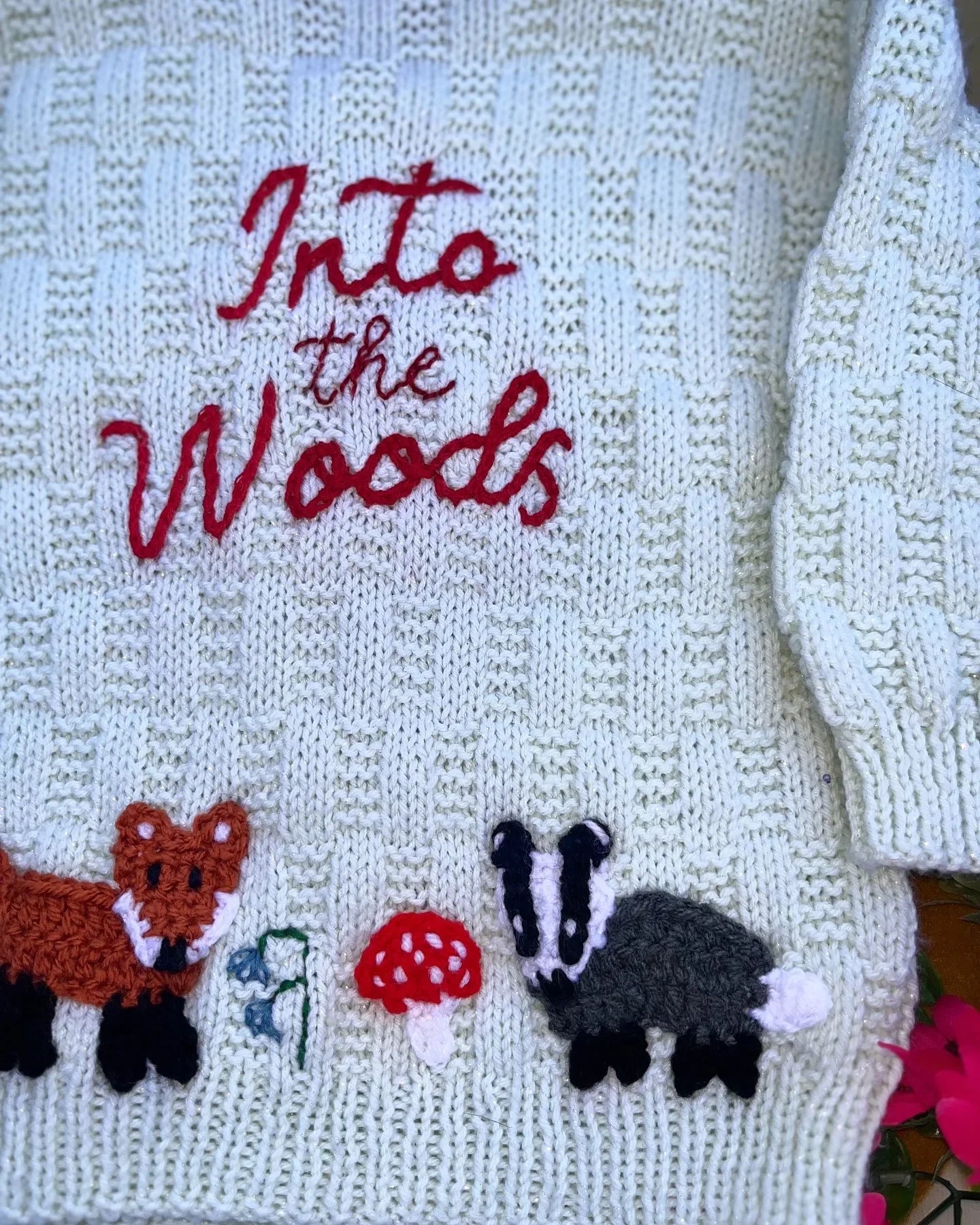 Little Flower Knits personalised woodland cardigan for children with embroidered fox, badger, mushroom and Into the Woods text