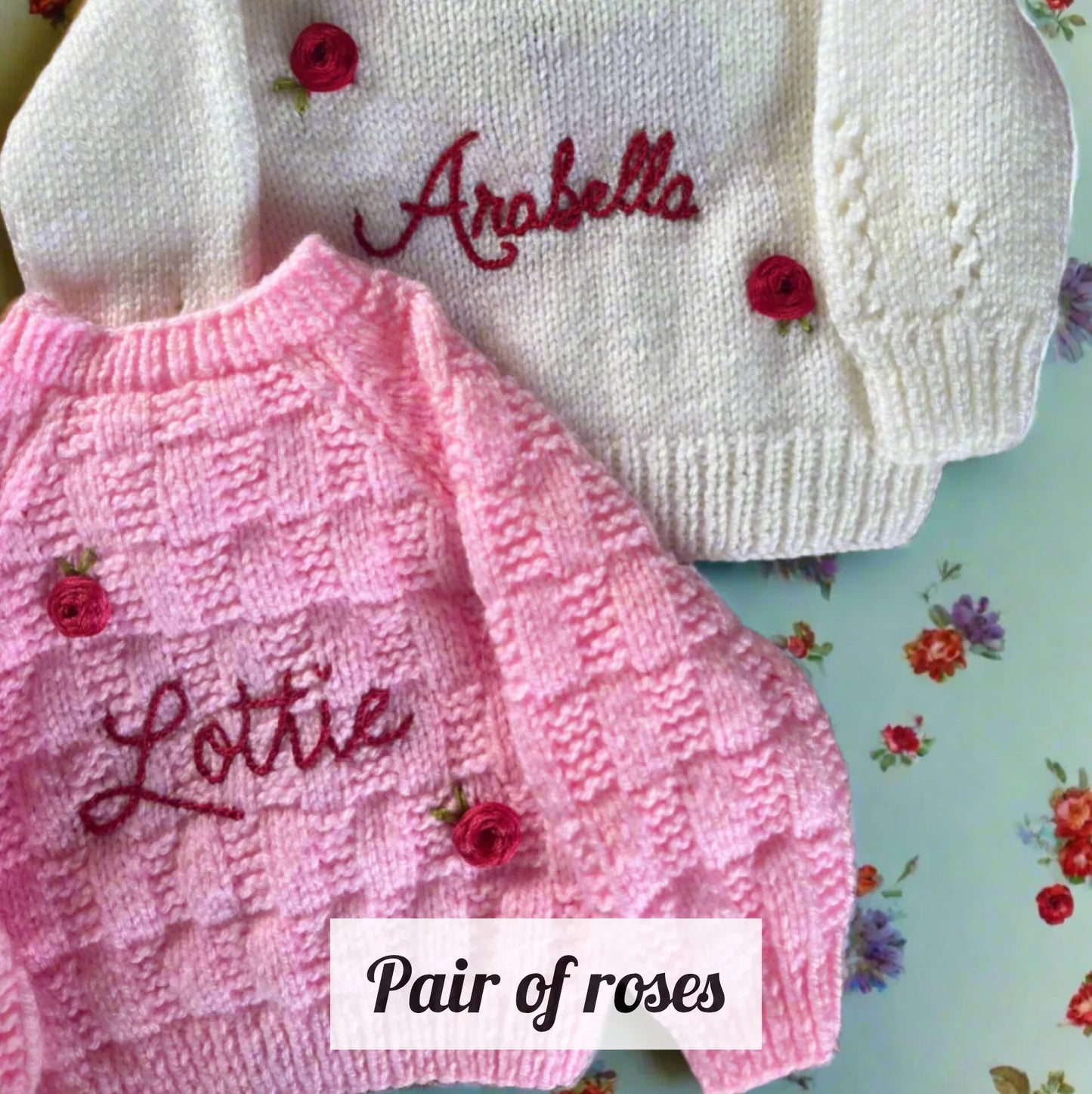 Sustainable kids knitwear with flowers featuring personalised names Arabella and Lottie by Little Flower Knits