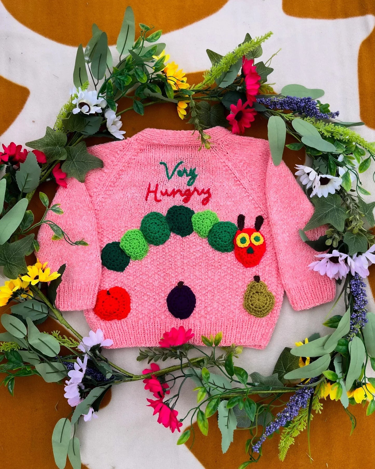 Little Flower Knits toddler cardigan with unique animal design cardigan toddler featuring crocheted caterpillar and colourful fruits