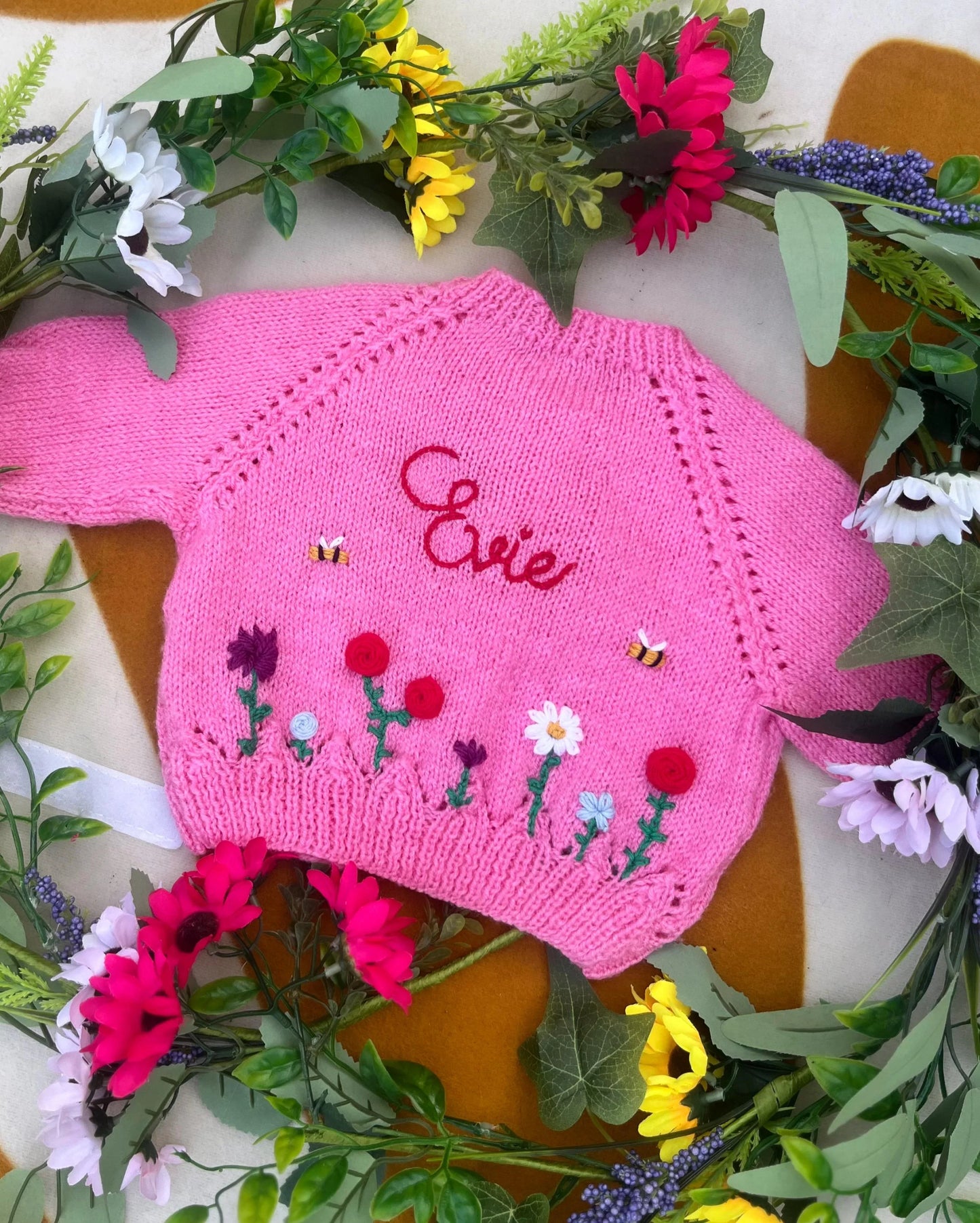 Pink unique floral cardigan for girls with embroidered flowers and name Evie by Little Flower Knits