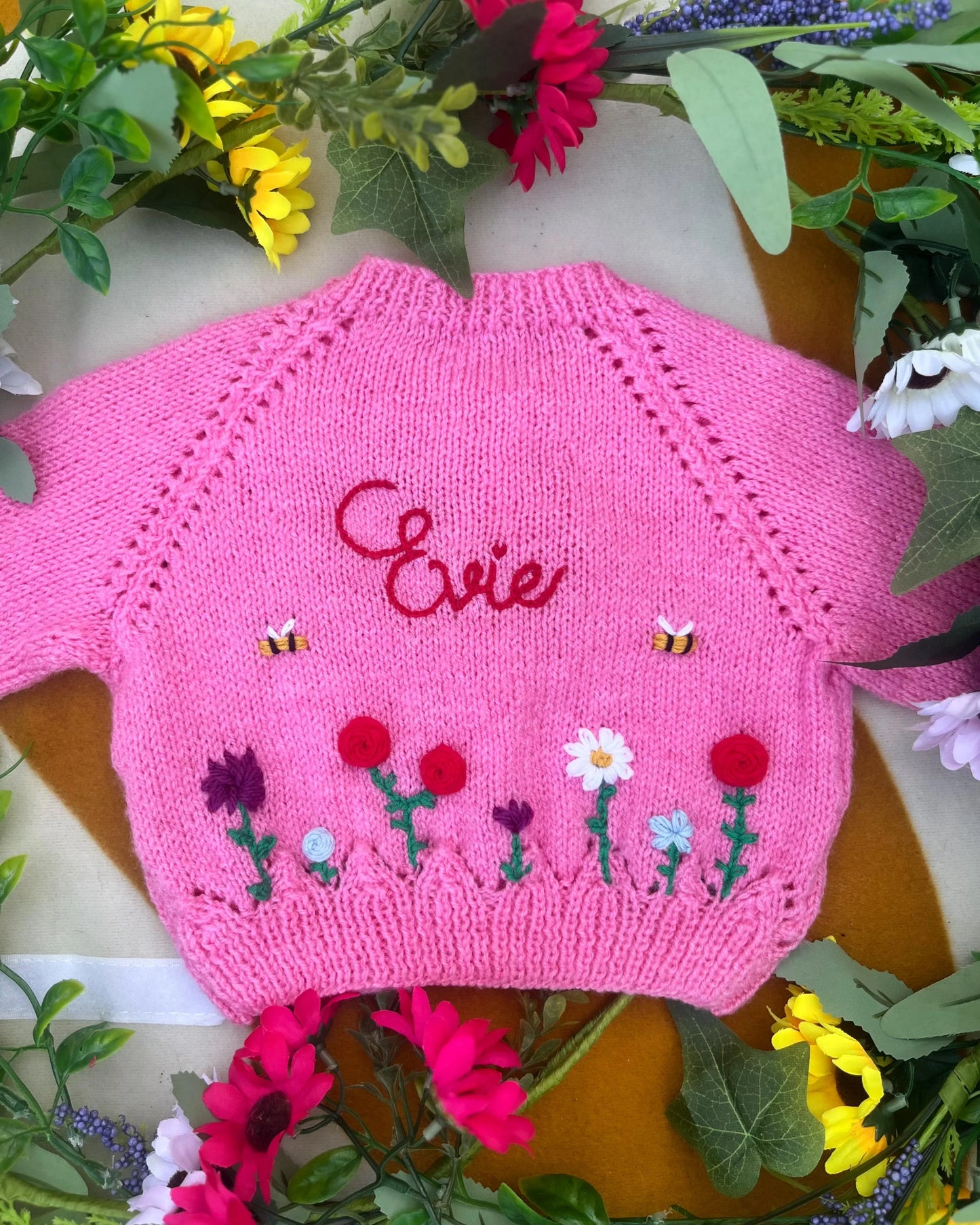 Pink unique floral cardigan for girls with embroidered flowers and name embroidery by Little Flower Knits