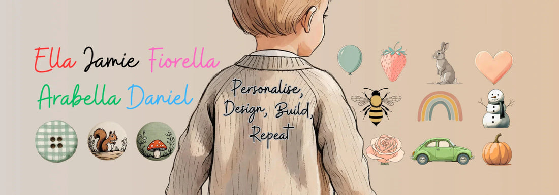 Child wearing a custom kids cardigan UK with personalised design surrounded by cute illustrated icons