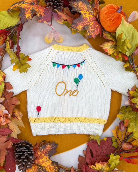Personalisable birthday cardigan 🎈 | Hand-knitted | 1-5