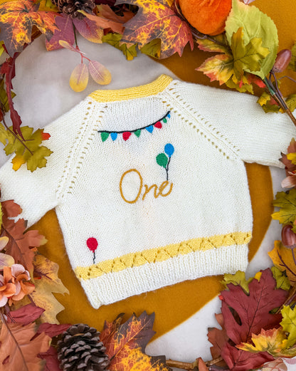 Personalisable birthday cardigan 🎈 | Hand-knitted | 1-5