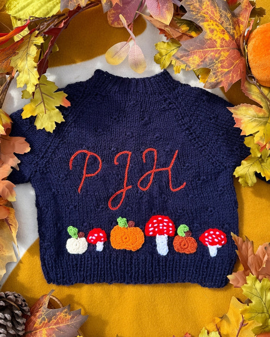 Personalisable Halloween pumpkin and toadstool cardigan 🎃🍄| Hand-knitted | 0-5