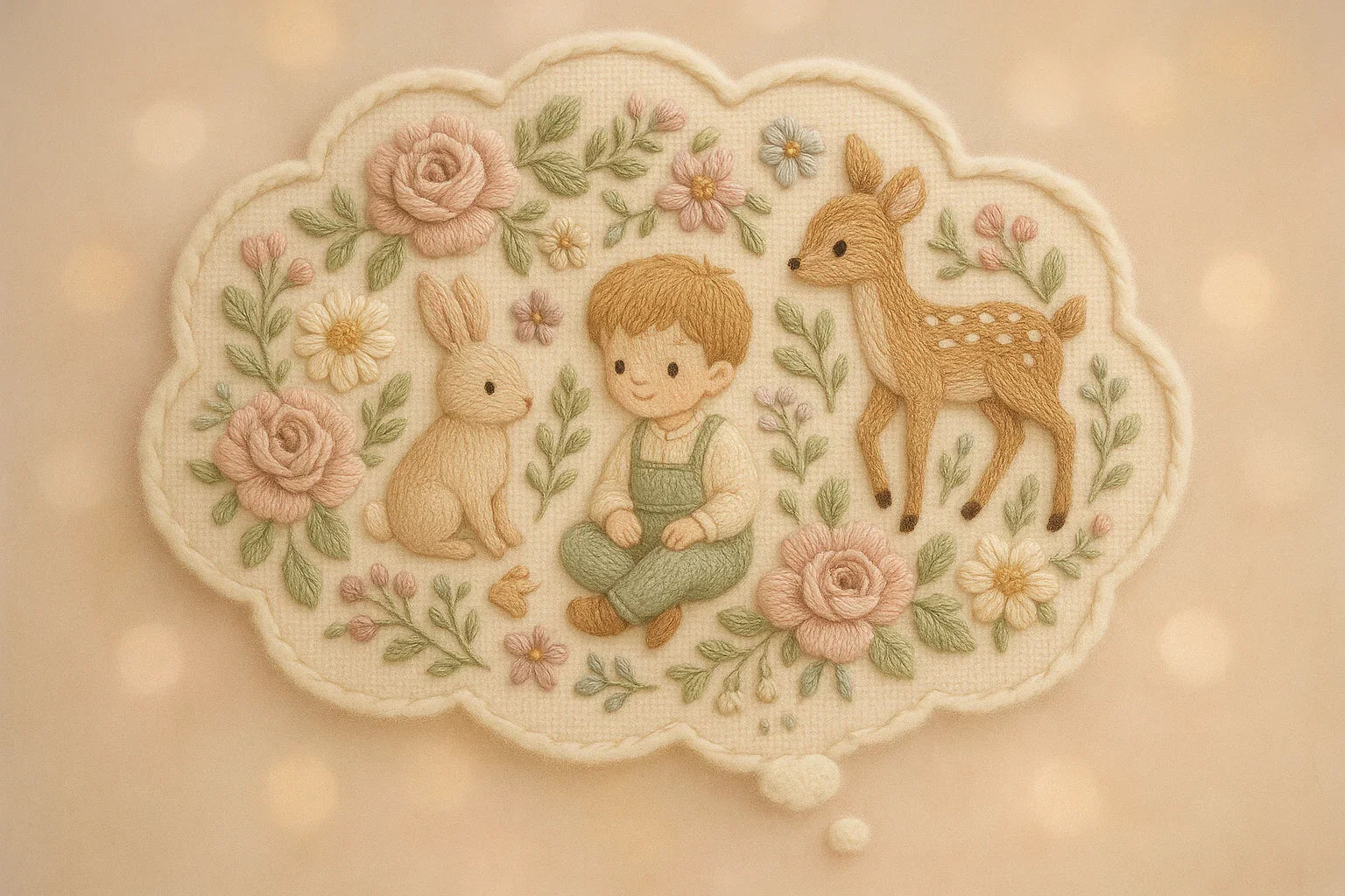 Custom request for bespoke knitwear. It shows a thought bubble containing embroidered floral, animal and boy designs in a speech bubble with a soft background