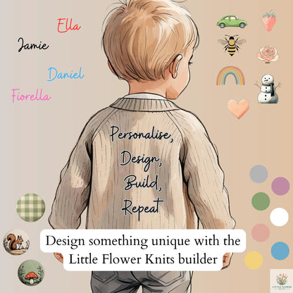 Child wearing beige knitted cardigan with text Personalise Design Build Repeat and the keyword Design a unique cardigan on our Knit Builder