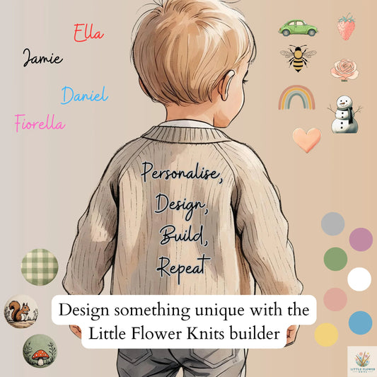 Child wearing beige knitted cardigan with text Personalise Design Build Repeat and the keyword Design a unique cardigan on our Knit Builder