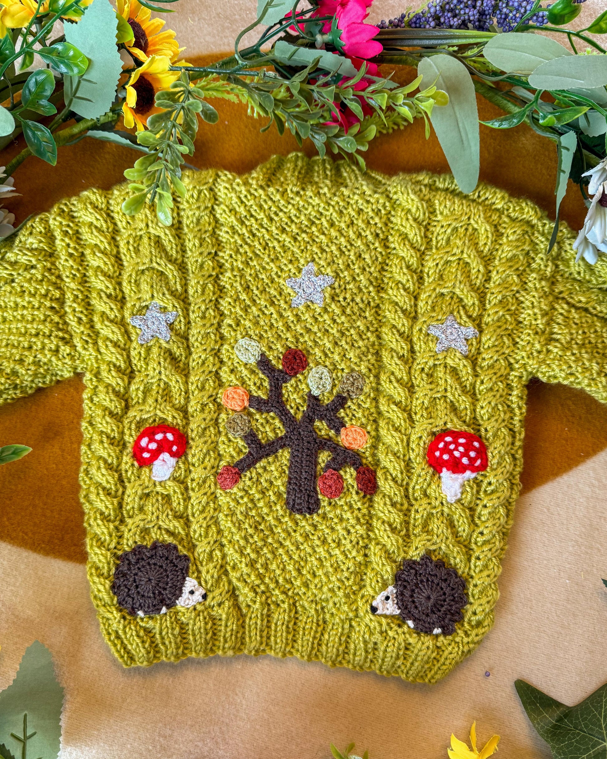 Little Flower Knits Handknitted Green Sweater with Tree and Hedgehog Embroidery for Children