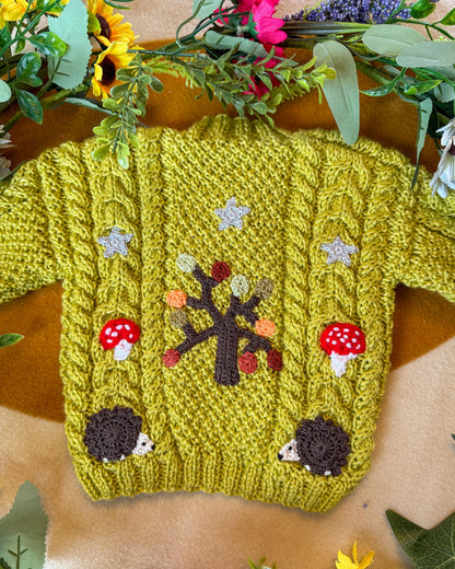 Little Flower Knits Handknitted Green Sweater with Tree and Hedgehog Embroidery for Children