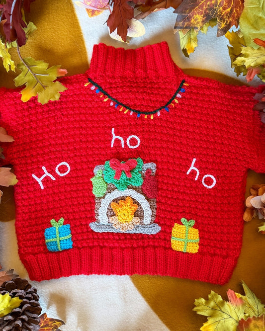 Handmade Christmas cardigan 12-18 months in red with festive fireplace and gift designs