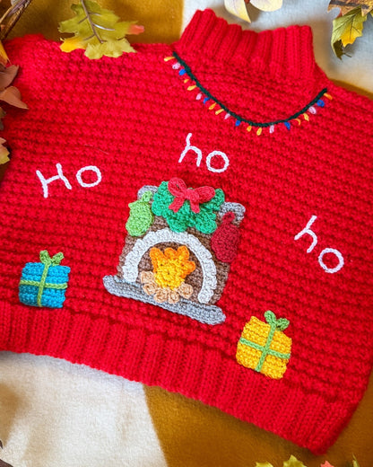 Handmade Christmas cardigan 12-18 months in bright red with festive fireplace design and gifts