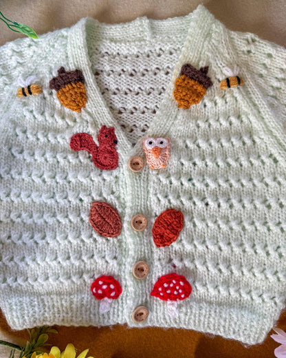 Handcrafted Little Flower Knits Knitted Cardigan with Nature-Inspired Embroidery and Wooden Buttons