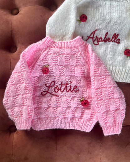 Personalised rose baby cardigan in pink knitted with floral embroidery and name customization