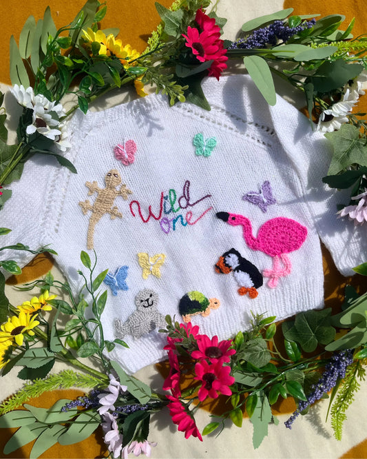 Little Flower Knits unique birthday gift for 1-5 year olds cardigan with colourful animal and butterfly embroidery