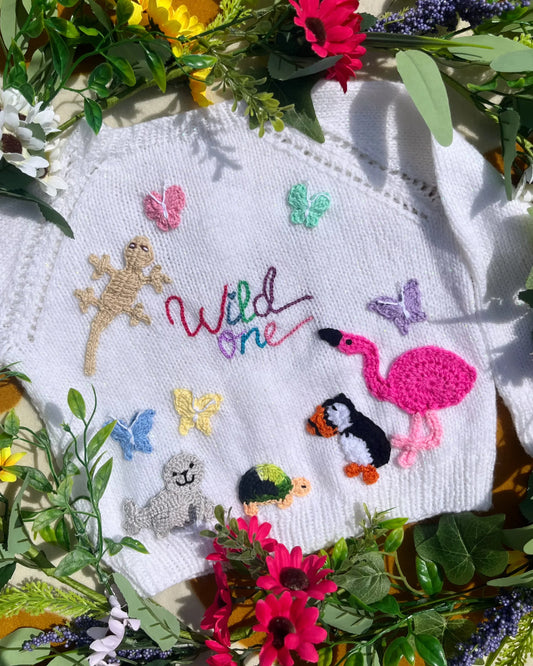 Unique birthday gift for 1-5 year olds cardigan with colourful animal and butterfly embroidery by Little Flower Knits