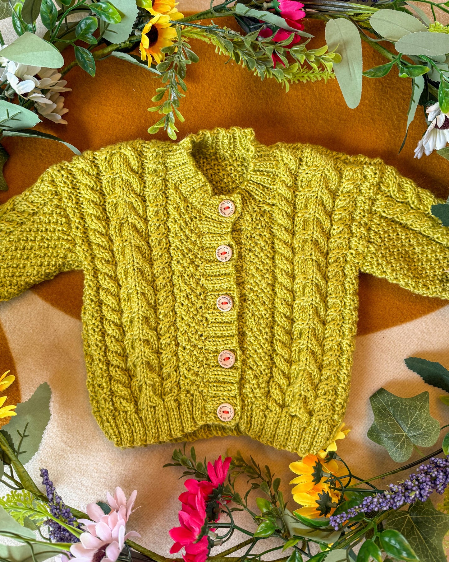 Little Flower Knits Cabled Knit Cardigan in Bright Green with Wooden Buttons for Kids