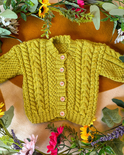 Little Flower Knits Cabled Knit Cardigan in Bright Green with Wooden Buttons for Kids