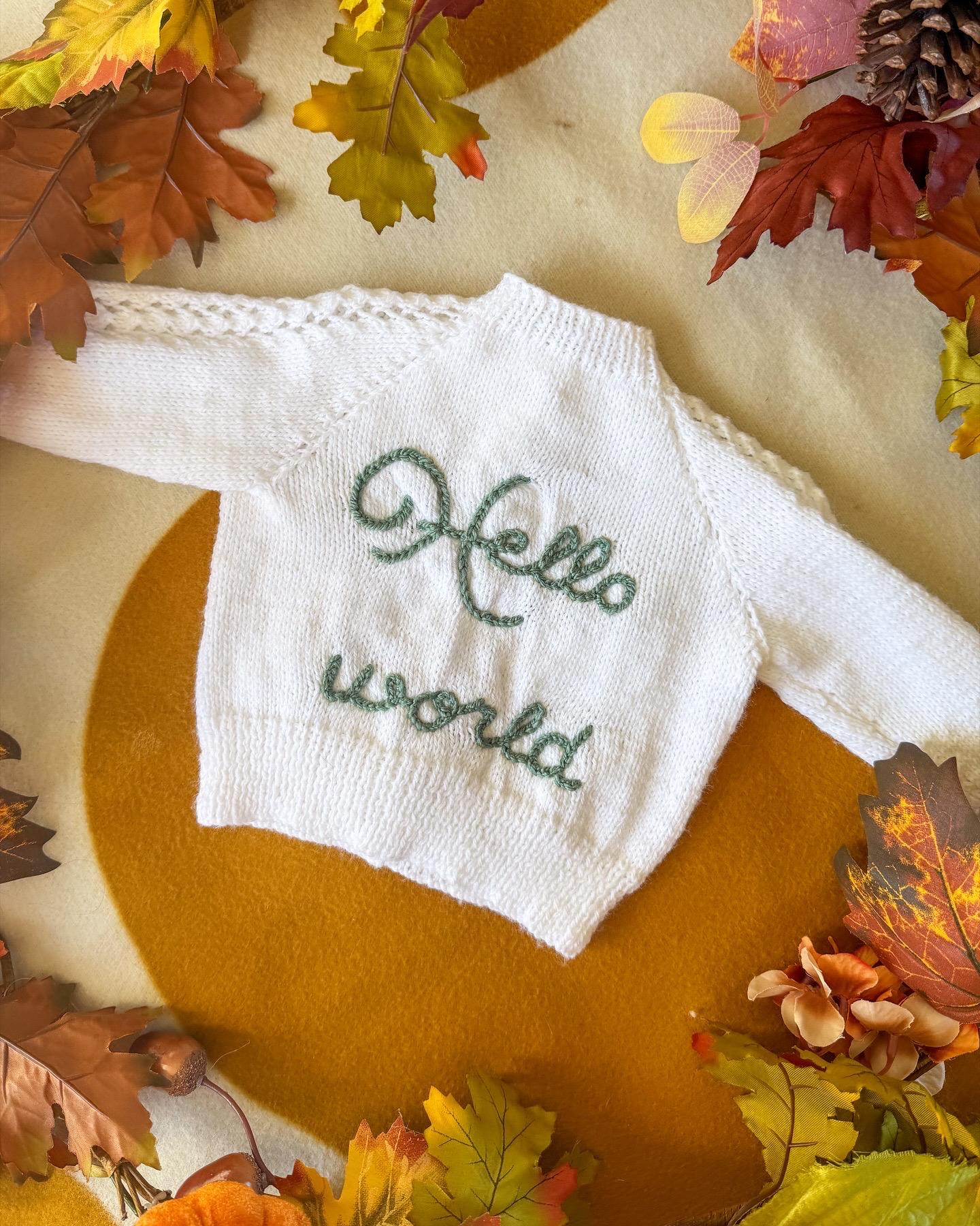 Little Flower Knits White Sweater with 'Hello world' Initials and Leaf Design for Infants