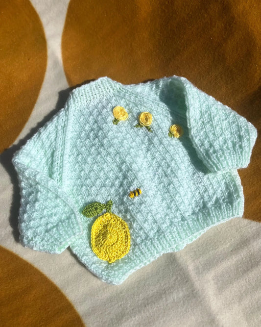 Little Flower Knits lemon embroidery cardigan for babies in soft pastel blue knitted fabric