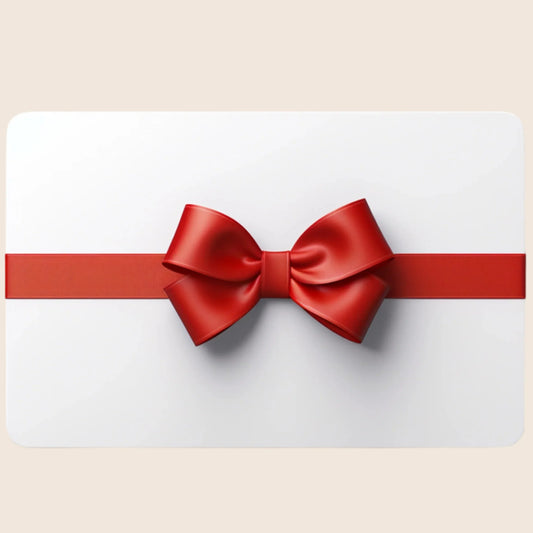 White card with red ribbon and bow for personalised kids knitwear gift card by Little Flower Knits
