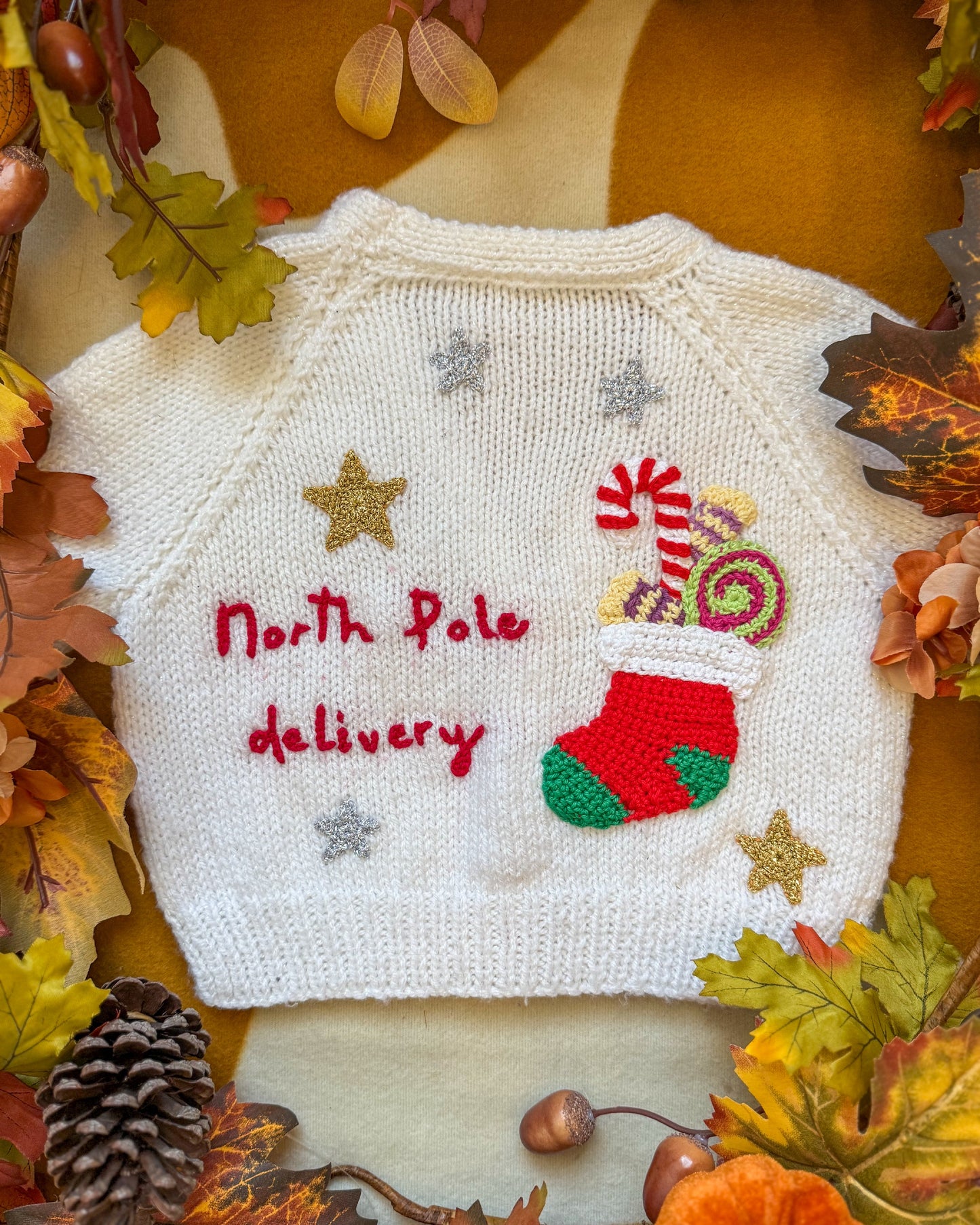 Little Flower Knits North Pole delivery cardigan 12-18 months with festive embroidery and decoration