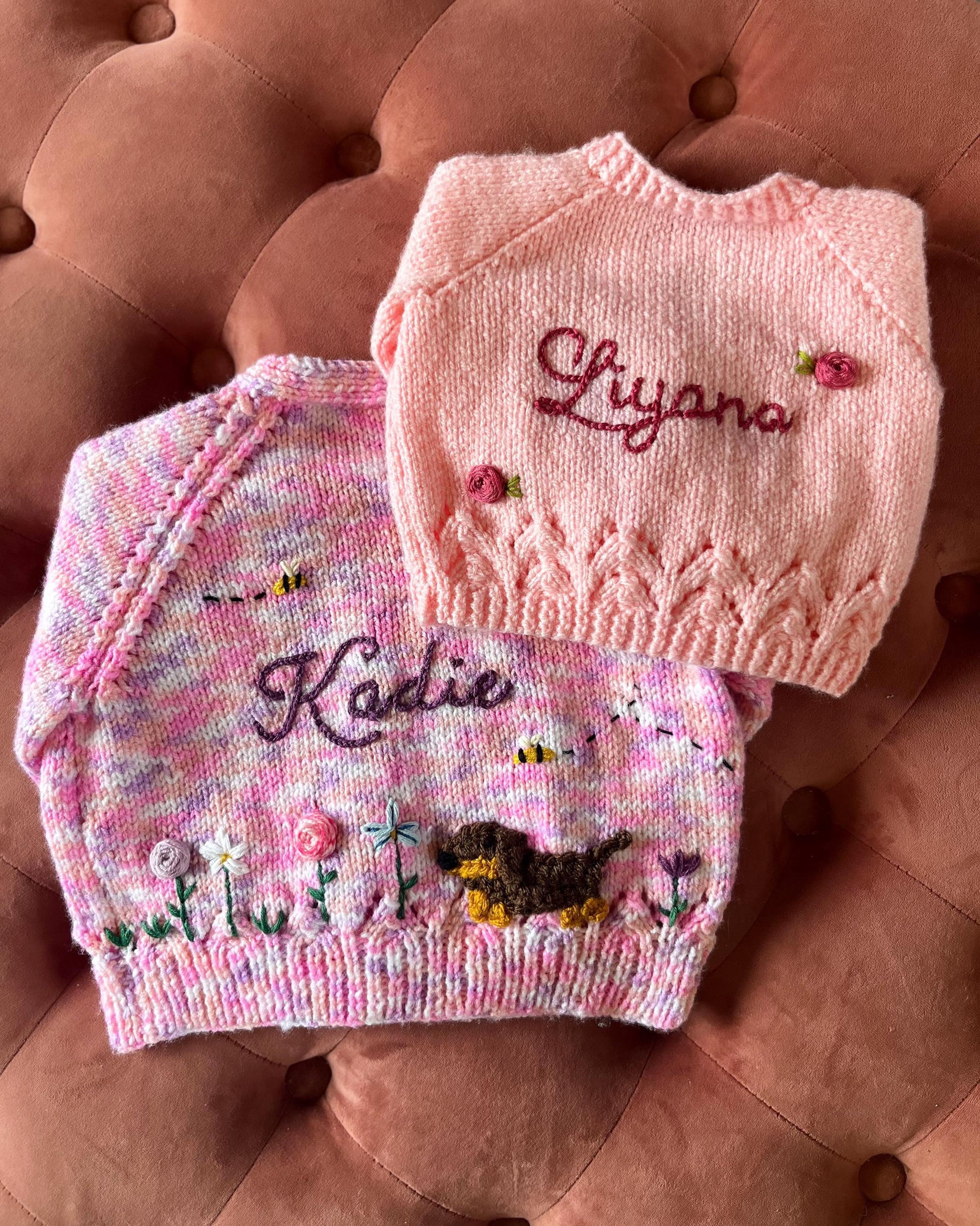 Personalised baby cardigan UK by Little Flower Knits with embroidered names and decorative buttons
