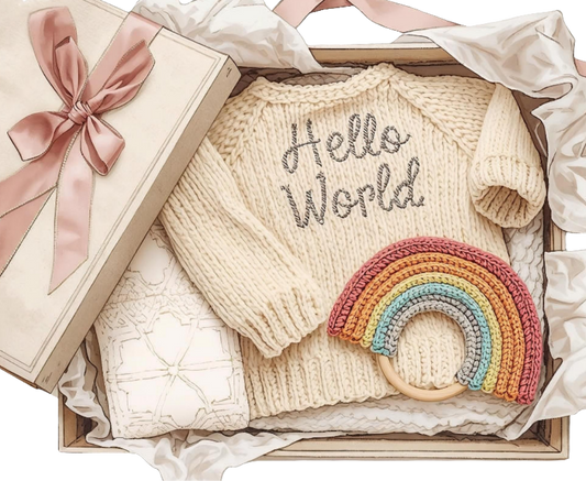 Personalised baby gift box UK with knitted sweater and rainbow teether for infants