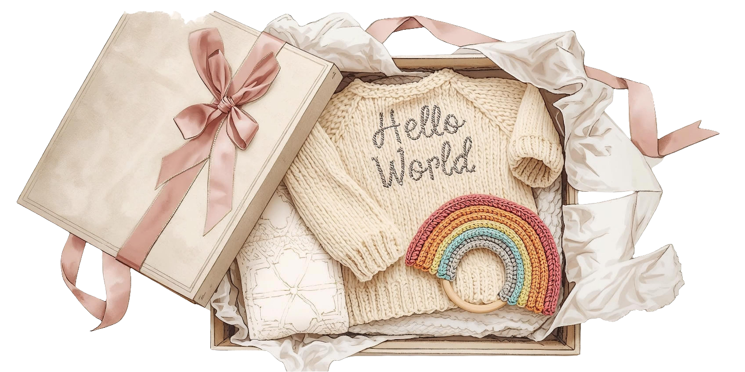 Personalised baby gift box UK featuring a knitted sweater, rainbow teether, and cosy blanket
