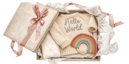 Personalised baby gift box UK featuring a knitted sweater, rainbow teether, and cosy blanket
