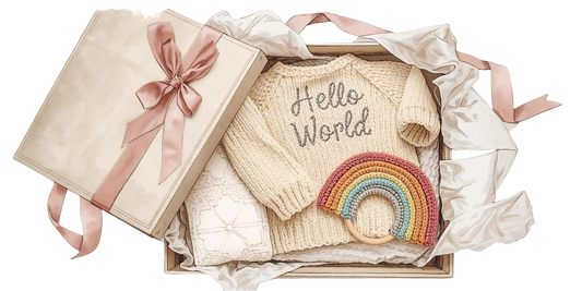 Personalised baby gift box UK featuring a knitted sweater, rainbow teether, and cosy blanket