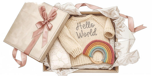 Personalised baby gift box UK featuring a knitted sweater, rainbow toy, and soft blanket