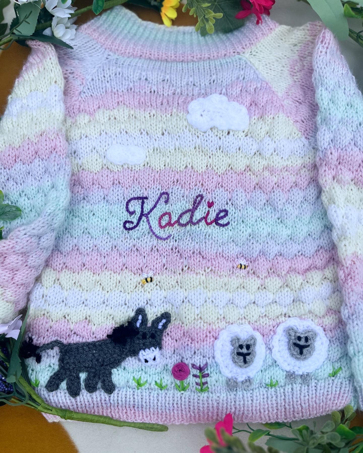 Little Flower Knits personalised farm cardigan for toddlers with pastel colours and farm animal designs