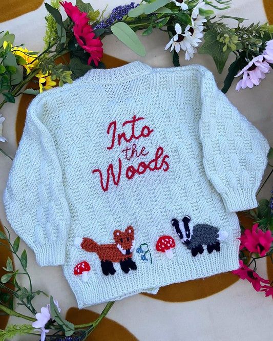 Little Flower Knits personalised woodland cardigan for children with embroidered animals and text design