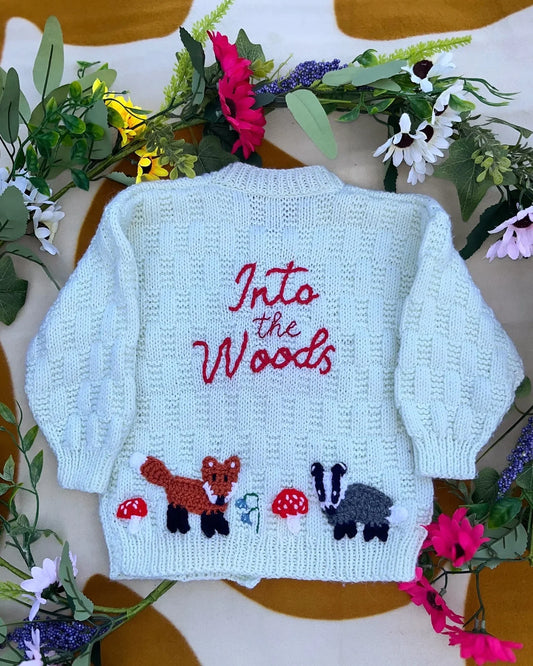 Little Flower Knits personalised woodland cardigan for children with forest animals and Into the Woods embroidery