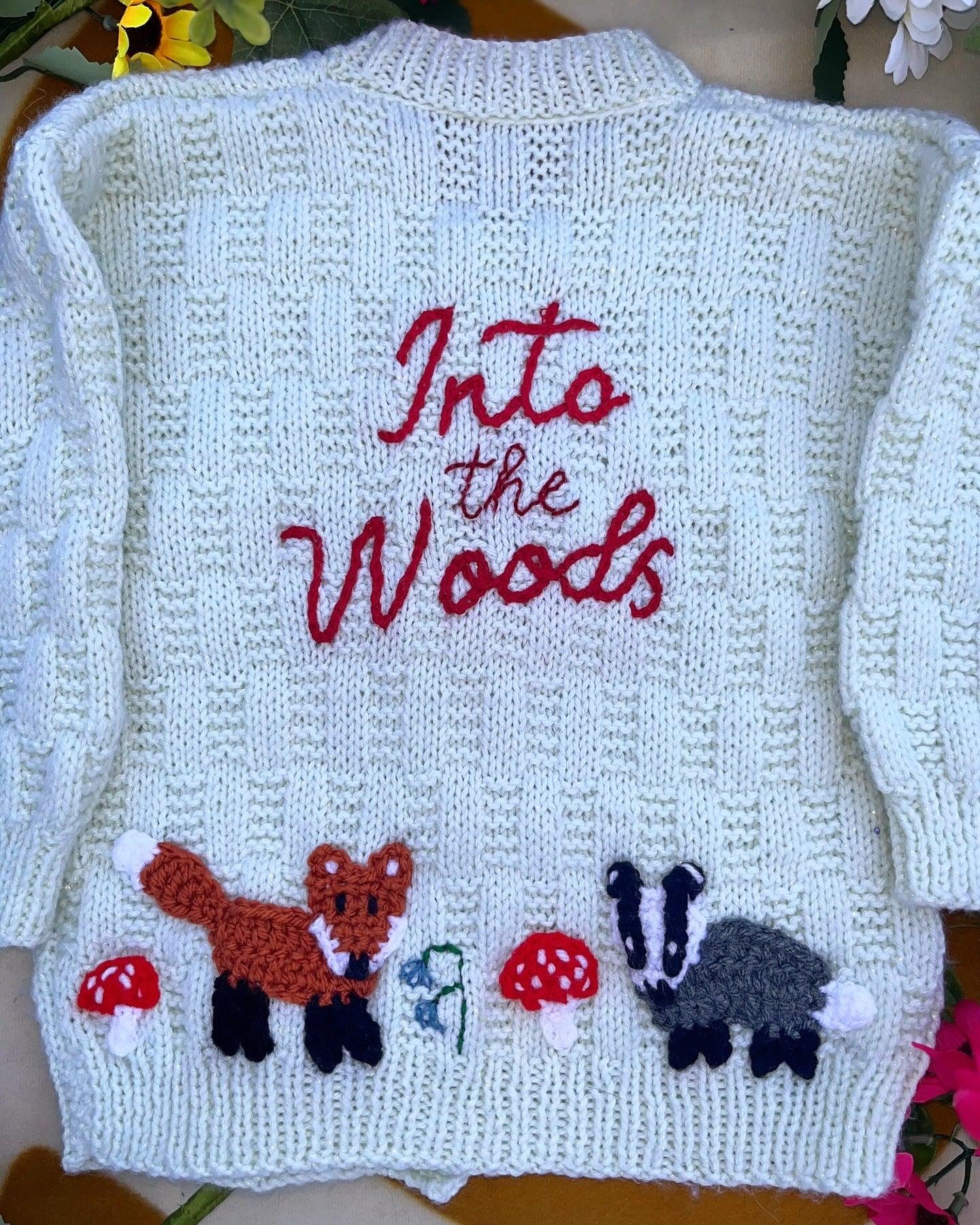 Little Flower Knits personalised woodland cardigan for children with knitted fox, badger, mushrooms, and Into the Woods text