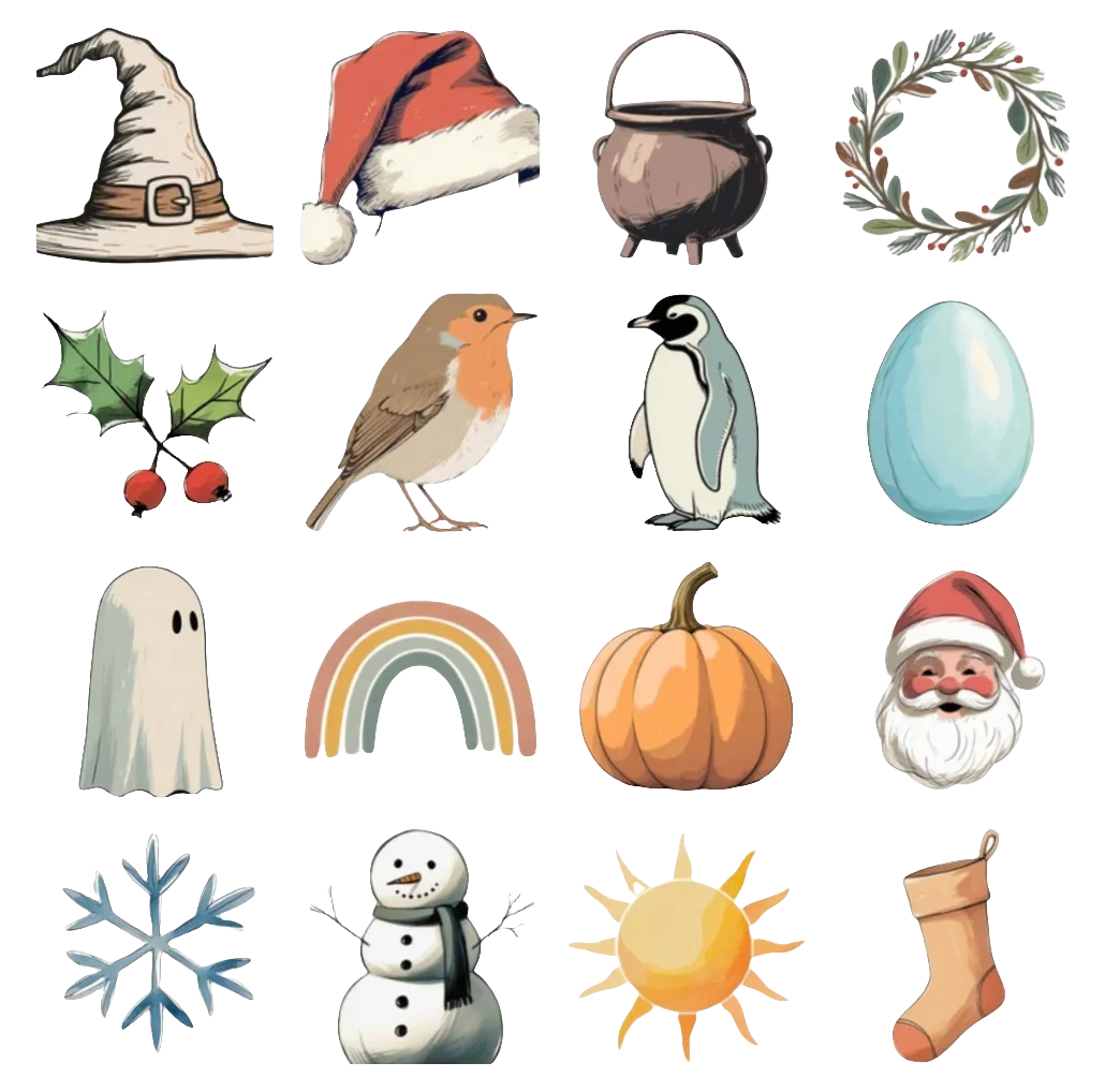 Collection of seasonal icons including Santa hat, pumpkin, snowman illustrating seasonal knitwear add-on for kids